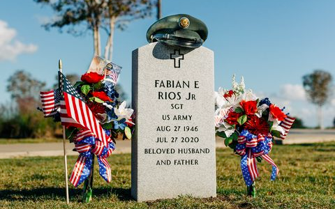 The tombstone of Fabian E. Rios, Jr., father of Iris Rios-Guajardo