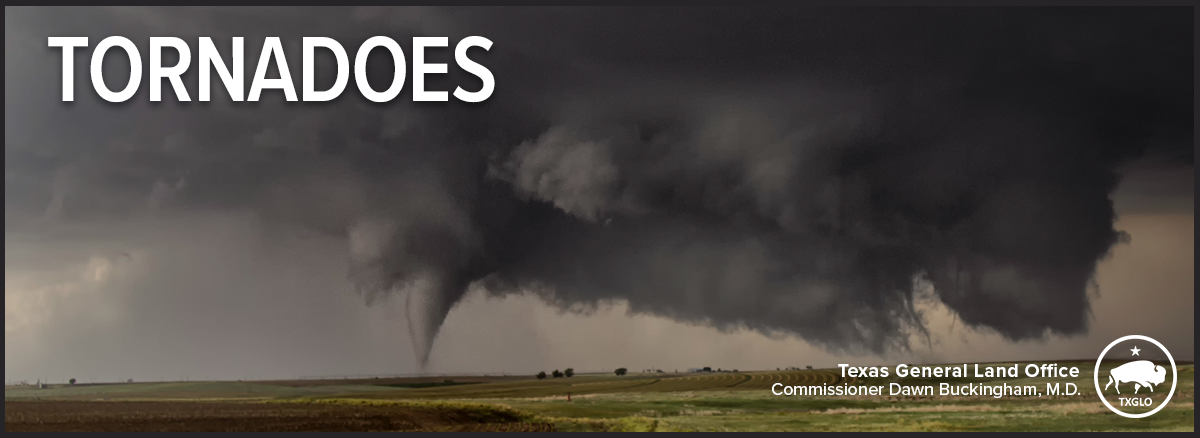 A photograph of a field and in the sky there are dark clouds and a tornado touching down. The word "tornados" is in the upper left corner of this banner.