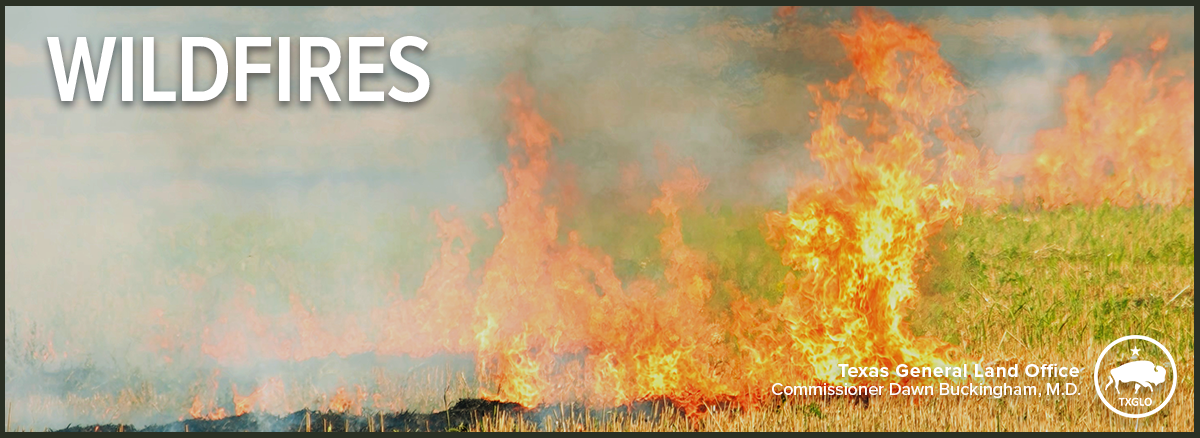 Banner showing a field on fire with the word "Wildfires" in the upper left hand corner of the banner.