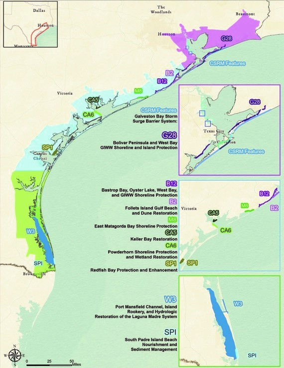 Map that identifies both of the Coastal Texas Project’s Ecosystem Restoration (ER) measures and the South Padre Island Coastal Storm Risk Management (CSRM) measure that the MOU covers