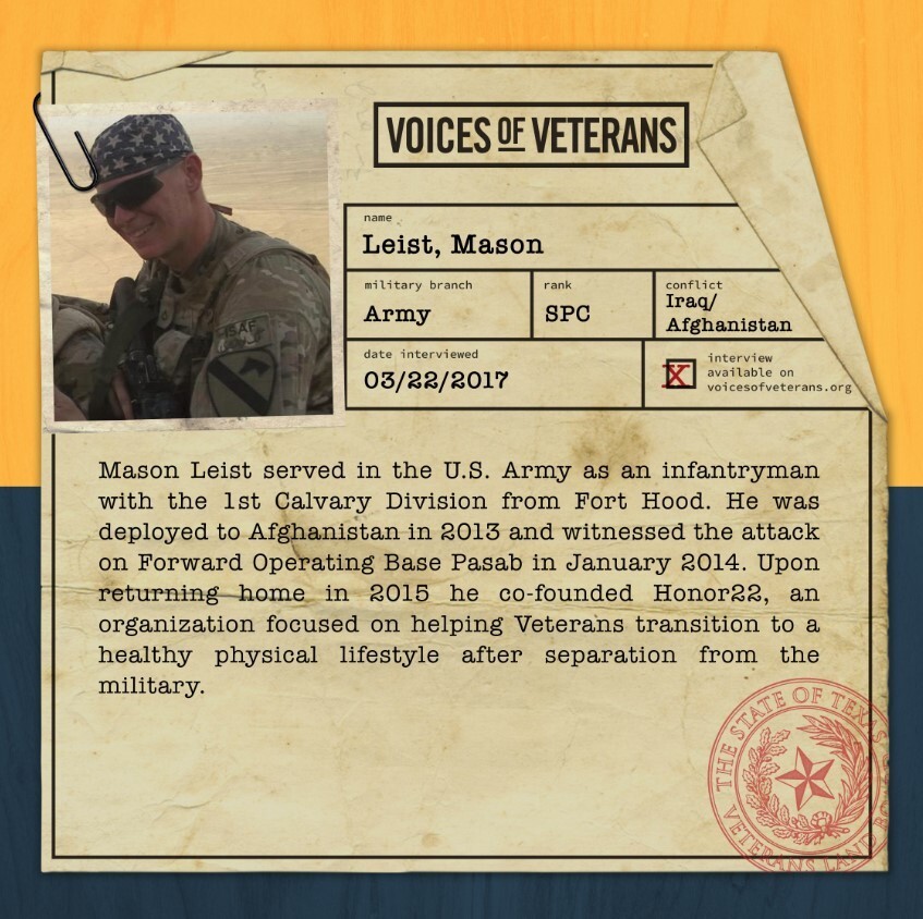 Voices of Veterans: SPC Mason Leist U.S. Army - Profile