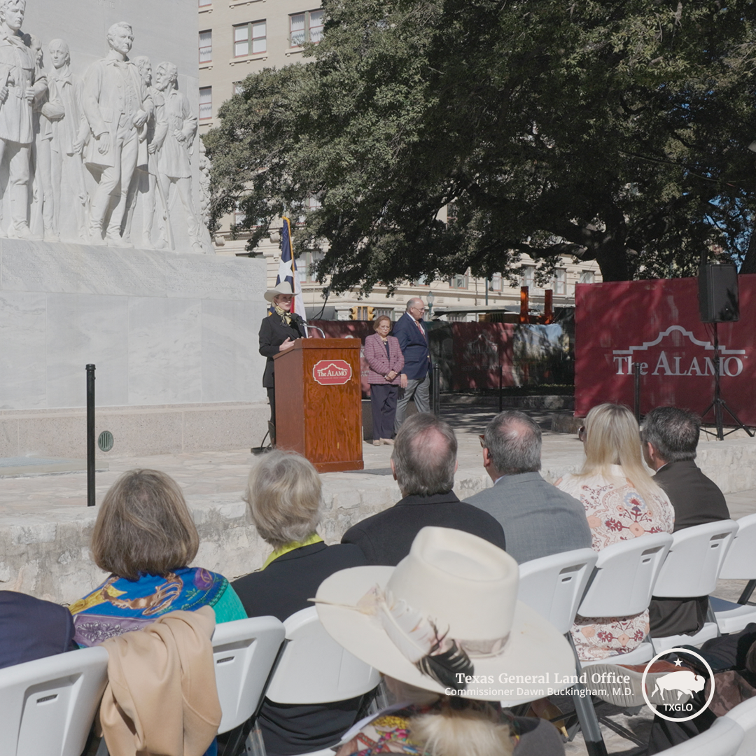 Texas Land Commissioner Dawn Buckingham, M.D., speaks at the Alamo Cenotaph Rededication Ceremony on Veterans Day
