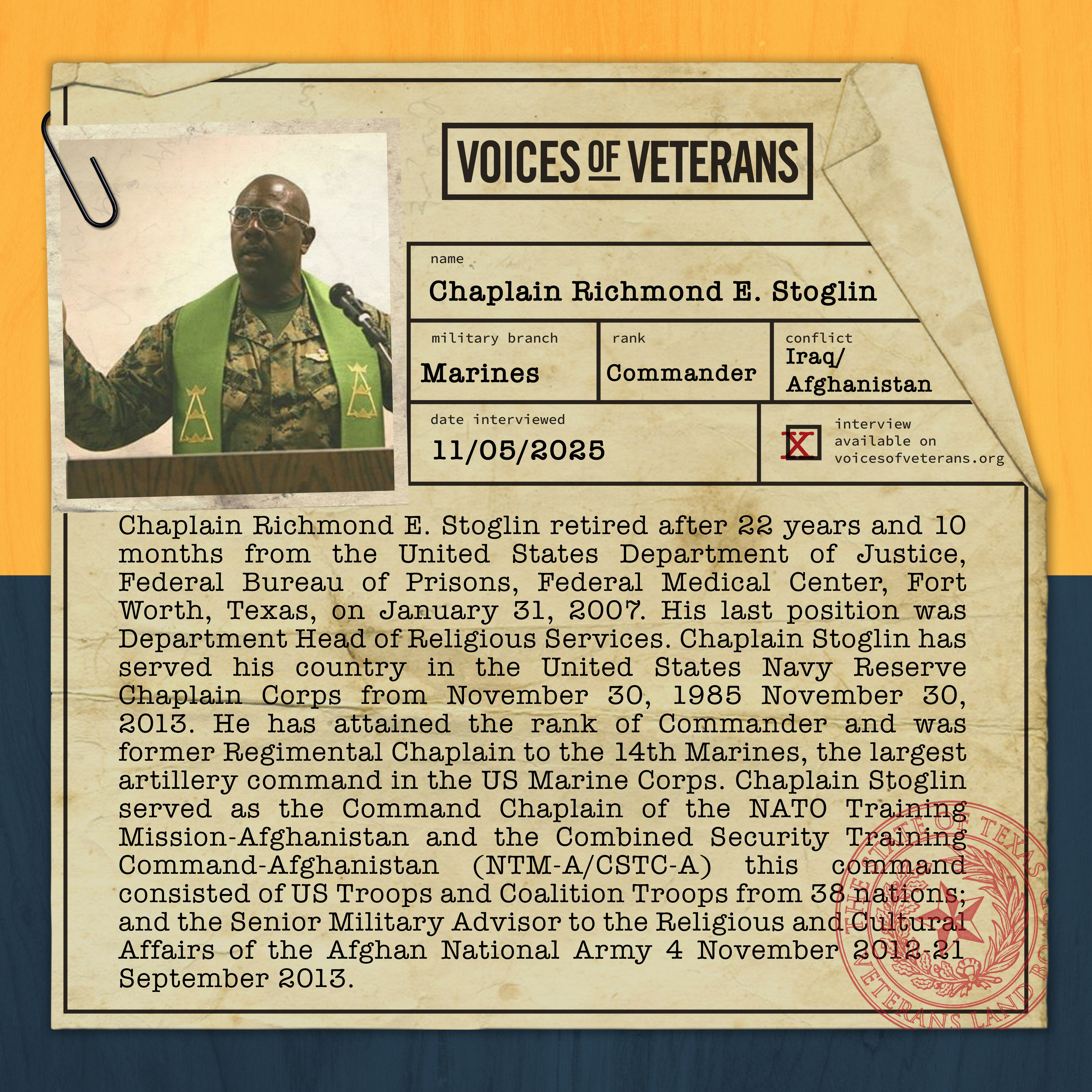 Voices of Veterans: Commander Chaplain Richmond E. Stoglin Shares His Story of Service in the U.S. Navy and Marine Corps