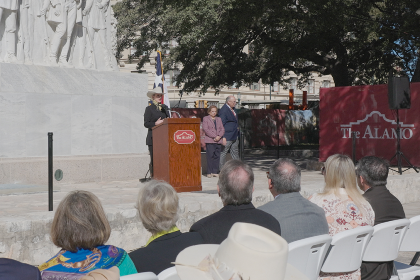 Texas Land Commissioner Dawn Buckingham, M.D., speaks at the Alamo Cenotaph Rededication Ceremony on Veterans Day